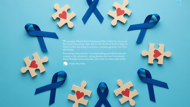 Blue ribbons and puzzle pieces with hearts arranged on a blue background for World Autism Awareness Day