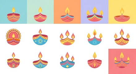 A collection of colorful and intricately designed traditional Indian oil lamps (diyas) with burning flames, set against various pastel backgrounds, representing festive decorations.