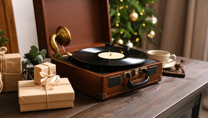 Festive Still Life: Vintage Turntable, Gifts, and a Warm Holiday Glow