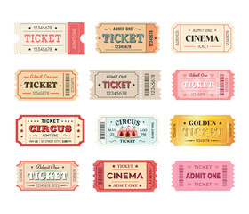 Set of tickets. 12 tickets for cinema, concert, festival, theater, circus, film, movie, travel, casino, club, show. Vector illustration