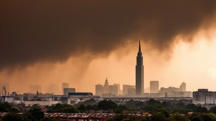 Obraz premium Dramatic Sunset Sky Over City Skyline With Towering Building Silhouetted Against Dark Clouds