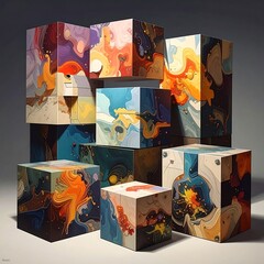 Abstract cubes with swirling patterns