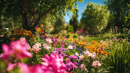 Vibrant garden filled with colorful flowers in a sunny environment surrounded by lush greenery and trees under a clear blue sky.