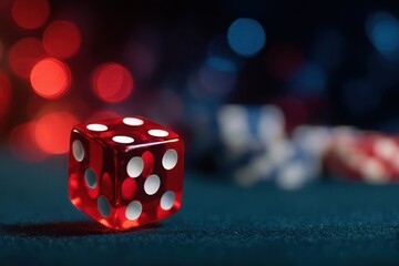 Close-up of a Single Red Transparent Dice on a Dark Green Felt Table - Casino Game, Gambling, Chance, Risk, Nightlife