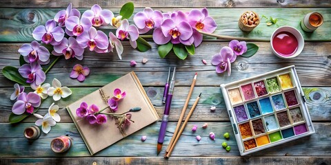 Artistic Still Life with Pink Orchids and Paint Supplies on Wooden Table