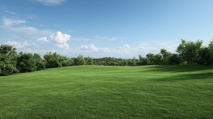 Obraz premium Expansive Green Grass Field with Lush Trees and Blue Sky - Nature, Landscape, Serenity, Summer, Outdoors, Pastoral Scene