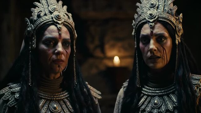 Two women in elaborate ornate costumes, facing each other in a dimly lit, ancient setting