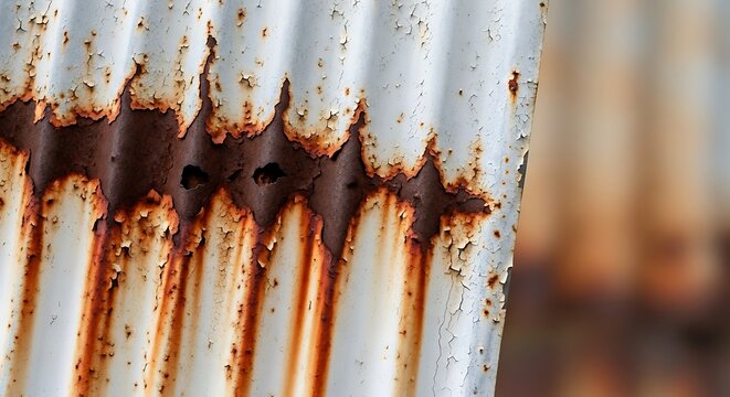 Aged corrugated metal showcases textural decay with flaking paint and rust patterns offering a study in deterioration