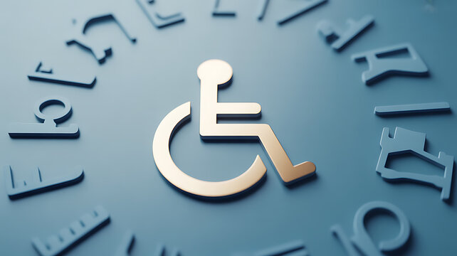 International symbol of access for people with disabilities surrounded by various accessibility icons on a blue background