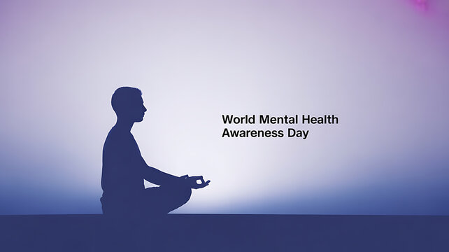 Silhouette of a person meditating with text 'World Mental Health Awareness Day' on a gradient background