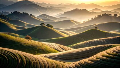 Golden Dawn Over Sculpted Terraces and Serene, Undulating Hills