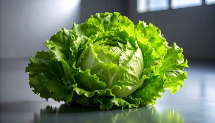 Crisp Head of Ruffled Green Lettuce Illuminated on a Reflective Gray Surface