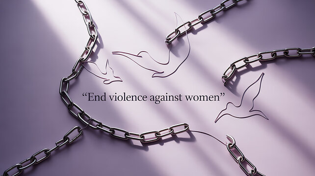 Metal chains broken with birds in flight and text 'End violence against women' on a soft purple background