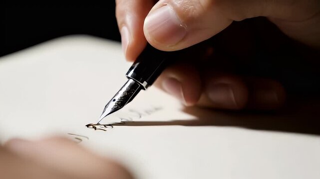 Close-up of hand holding a vintage fountain pen, writing elegant cursive script on textured paper