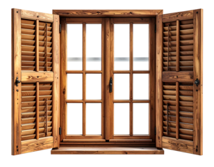 Open wooden window with shutters