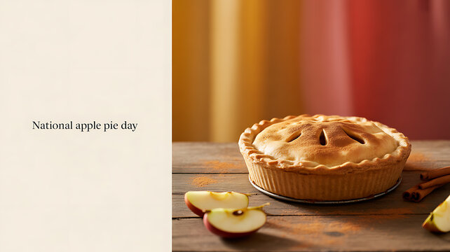 A freshly baked apple pie on a wooden table with sliced apples and cinnamon sticks, celebrating National Apple Pie Day.