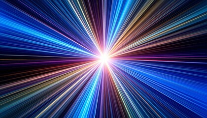 Vibrant Radial Explosion of Blue and Gold Light Beams from a Central Singularity