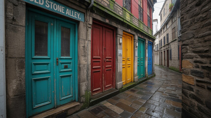 Colorful doors line a narrow cobblestone street in an old european town alley
