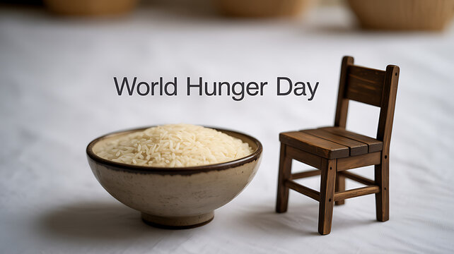 World Hunger Day symbolized by a bowl of rice and a small wooden chair on a table