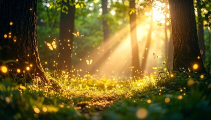 Enchanted Forest Glade with Golden Sunbeams, Butterflies, and Magical Orbs