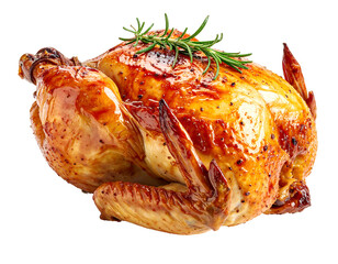 Roasted whole chicken, golden brown, with sprigs of rosemary