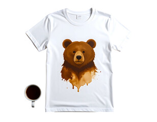 White t-shirt with brown bear graphic, coffee cup beside