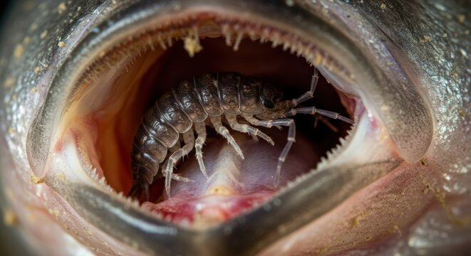 Fish mouth containing isopod