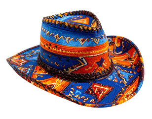 Vibrant cowboy hat with geometric patterns in orange, blue, and brown
