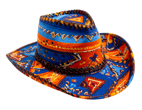 Vibrant cowboy hat with geometric patterns in orange, blue, and brown