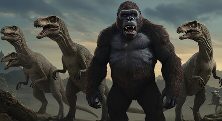 Gorilla facing dinosaurs