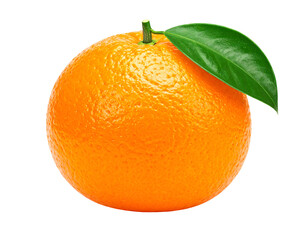 Single, whole orange fruit with a leaf