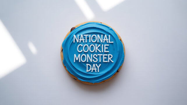 A cookie with blue icing and the text 'National Cookie Monster Day' written on it, placed on a light surface.