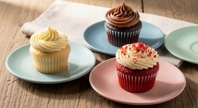 Assorted cupcakes with frosting on pastel plates on wooden table  