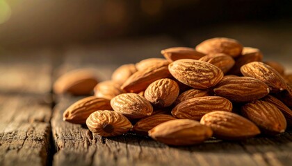Golden Hour Almonds: A Textured Pile on a Rustic Wooden Surface