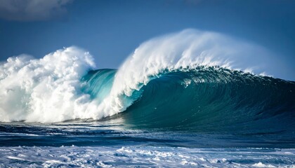 Twin Titans of the Ocean: Two Colossal Waves Cresting Under a Blue Sky