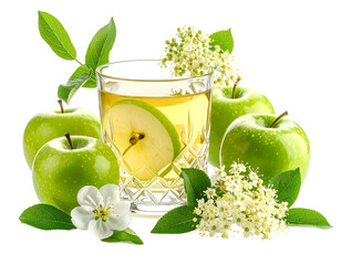 Fresh green apples and juice with flowers