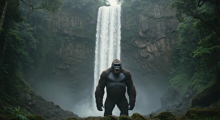 Gorilla waterfall jungle scene
