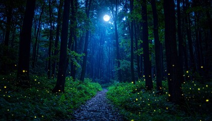 Enchanting Forest Path Illuminated by a Full Moon and Swirling Fireflies