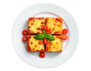Four baked pasta squares, topped with tomato sauce, melted cheese, and cherry tomatoes, garnished with basil