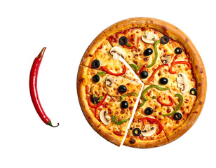 Pizza with sliced sections and a red chili pepper