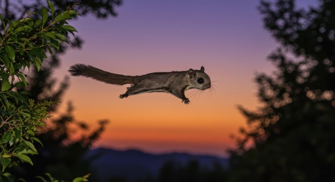 Flying squirrel in flight at sunset
