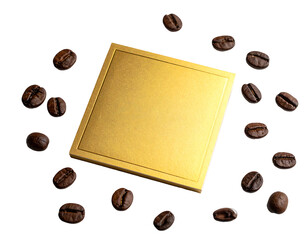Gold box surrounded by coffee beans