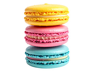 Three colorful macarons stacked vertically, displaying yellow, pink, and light blue icing