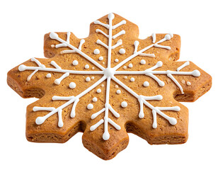 Close-up of a snowflake-shaped gingerbread cookie, iced with white icing (1)