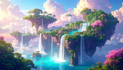Celestial Archipelago: Floating Islands with Cascading Waterfalls and Pink Blossoms