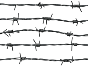 Multiple parallel rows of dark barbed wire against a black background