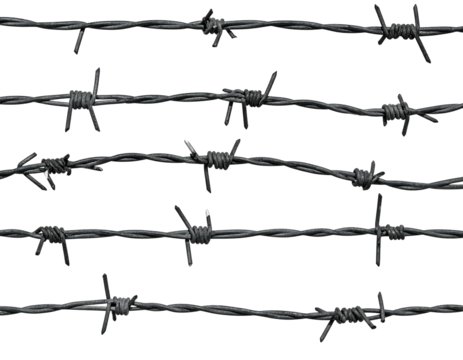 Multiple parallel rows of dark barbed wire against a black background