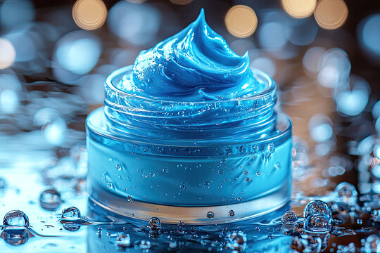 A vibrant blue cream in a clear jar sits atop a reflective surface, surrounded by shimmering bubbles and soft lights, creating a serene and luxurious atmosphere.