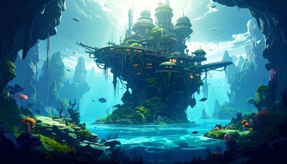 Sunlit Bio-Futuristic Citadel in a Crystalline Aquatic World