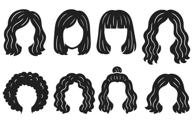 Female Hairstyle Collection Hand Drawn Silhouette Isolated on Transparent Background, Generative AI